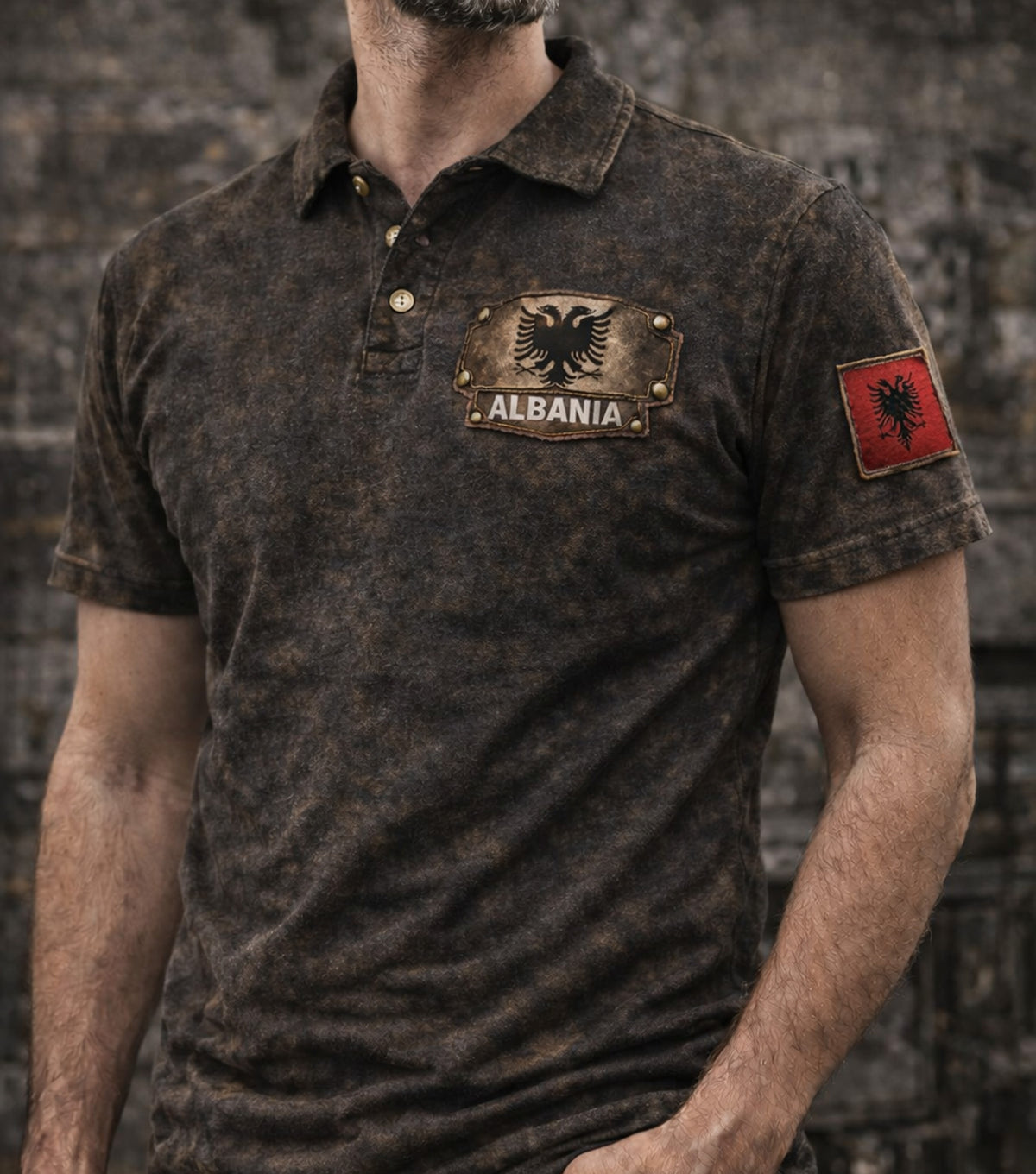 Albania Double Eagle Printed Polo Shirt, Vintage Albanian Flag Graphic Print Golf Shirt, Balkan Pride Apparel Gift