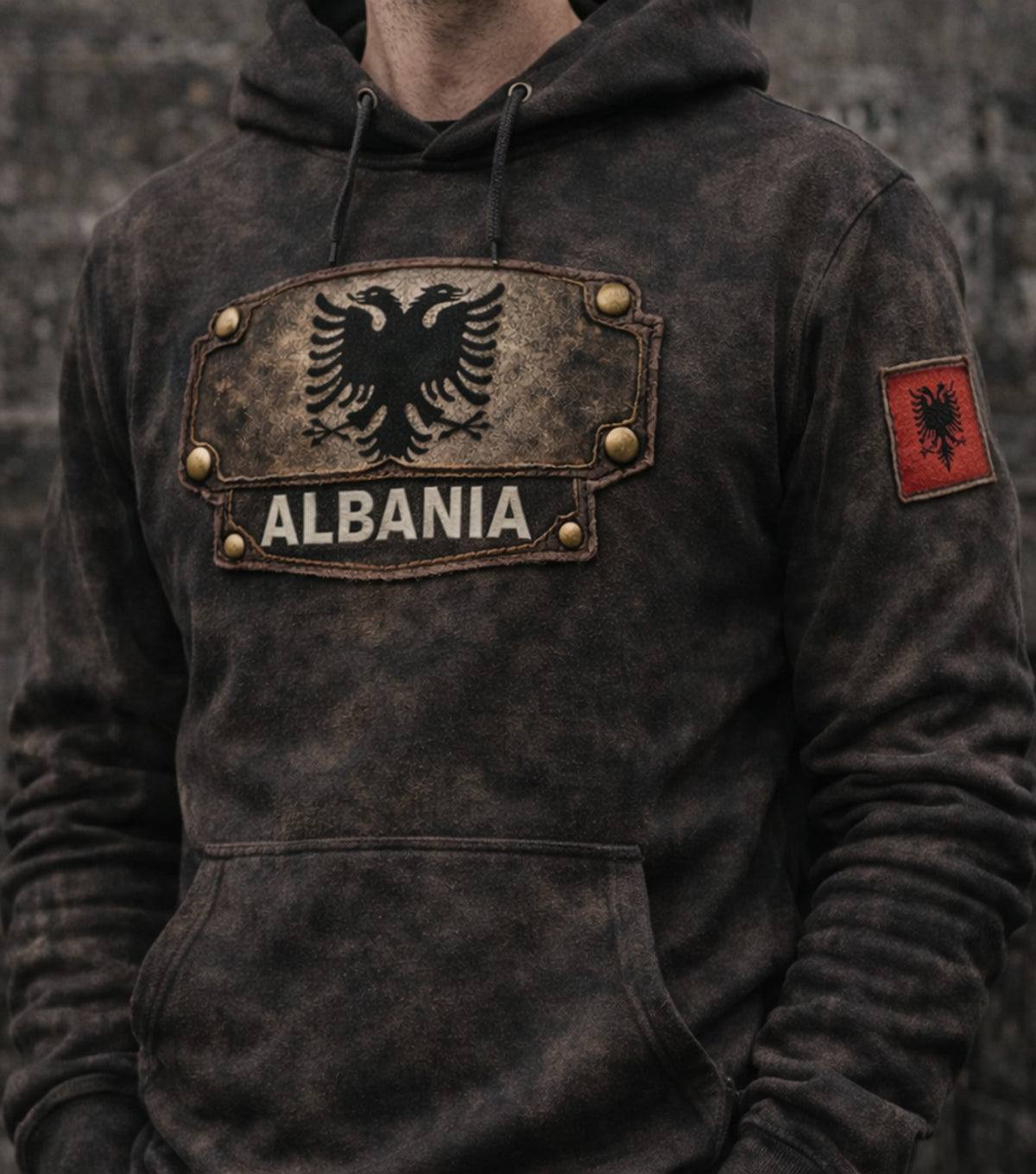 Albania Double Eagle Printed Hoodie, Vintage Albanian Flag Graphic Print Sweatshirt, Balkan Pride Gift