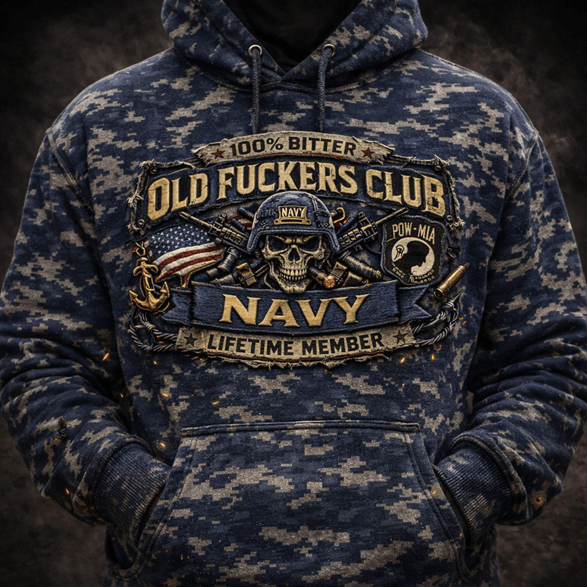 Navy Veteran Skull Hoodie, Old Veterans Club Sweatshirt, Military Graphic Printed Hoodie, Navy Lifetime Member Gift for Veteran