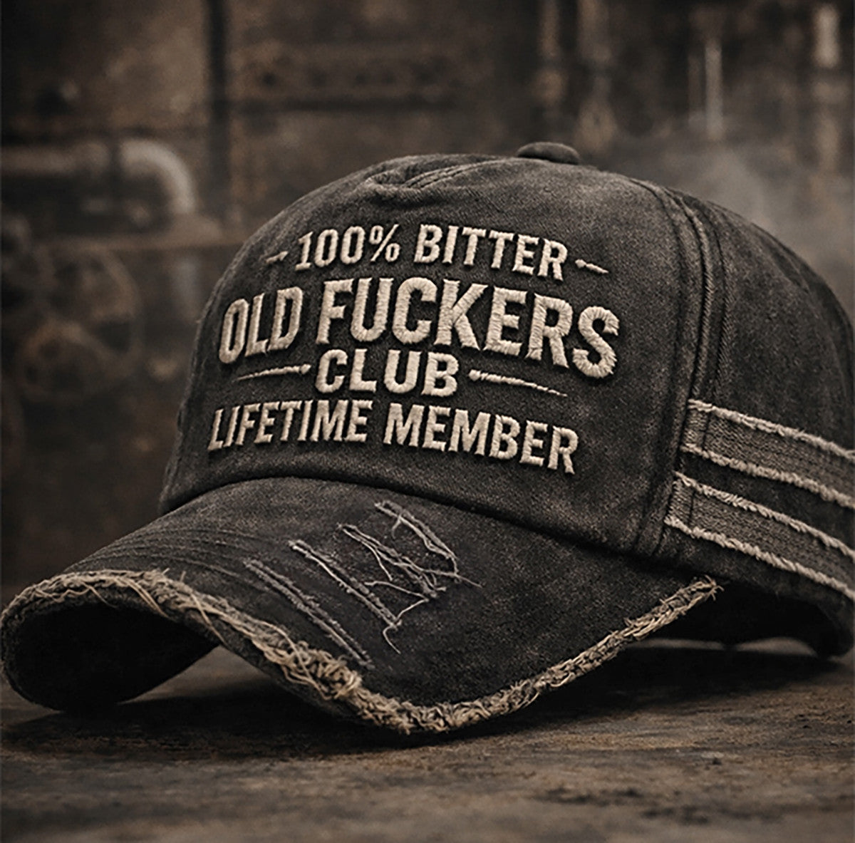 100% Bitter Old Fckers Club Hat, Lifetime Member Distressed Printed Baseball Cap, Funny Old Man Gift, Vintage Style Print Graphic Dad Hat for Grandpa