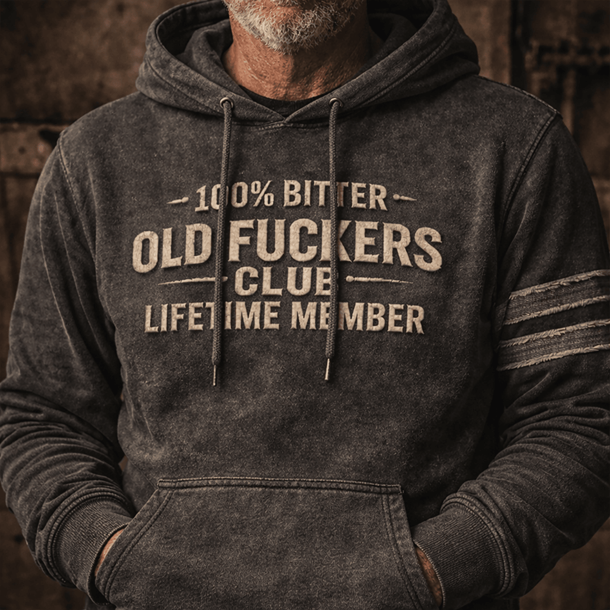 100% Bitter Old Fckers Club Hoodie, Lifetime Member Distressed Look Printed Sweatshirt, Funny Old Guy Gift, Vintage Style Graphic Print Hoodie for Dad Grandpa