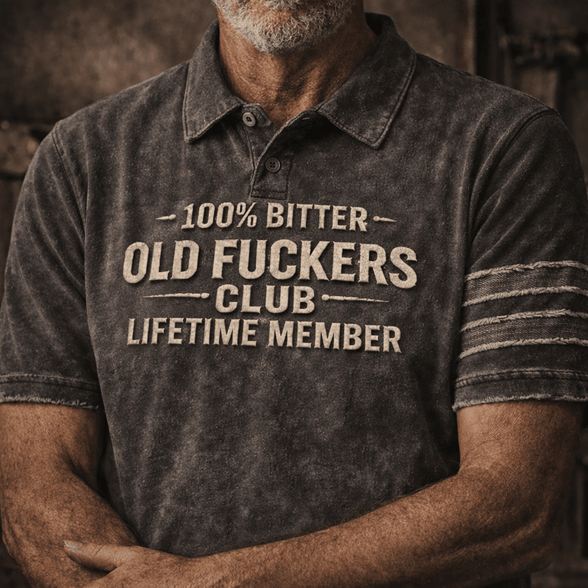 100% Bitter Old Fckers Club Polo Shirt, Lifetime Member Distressed Look Printed Graphic Polo, Funny Old Man Gift, Vintage Style Print Shirt for Dad Grandpa