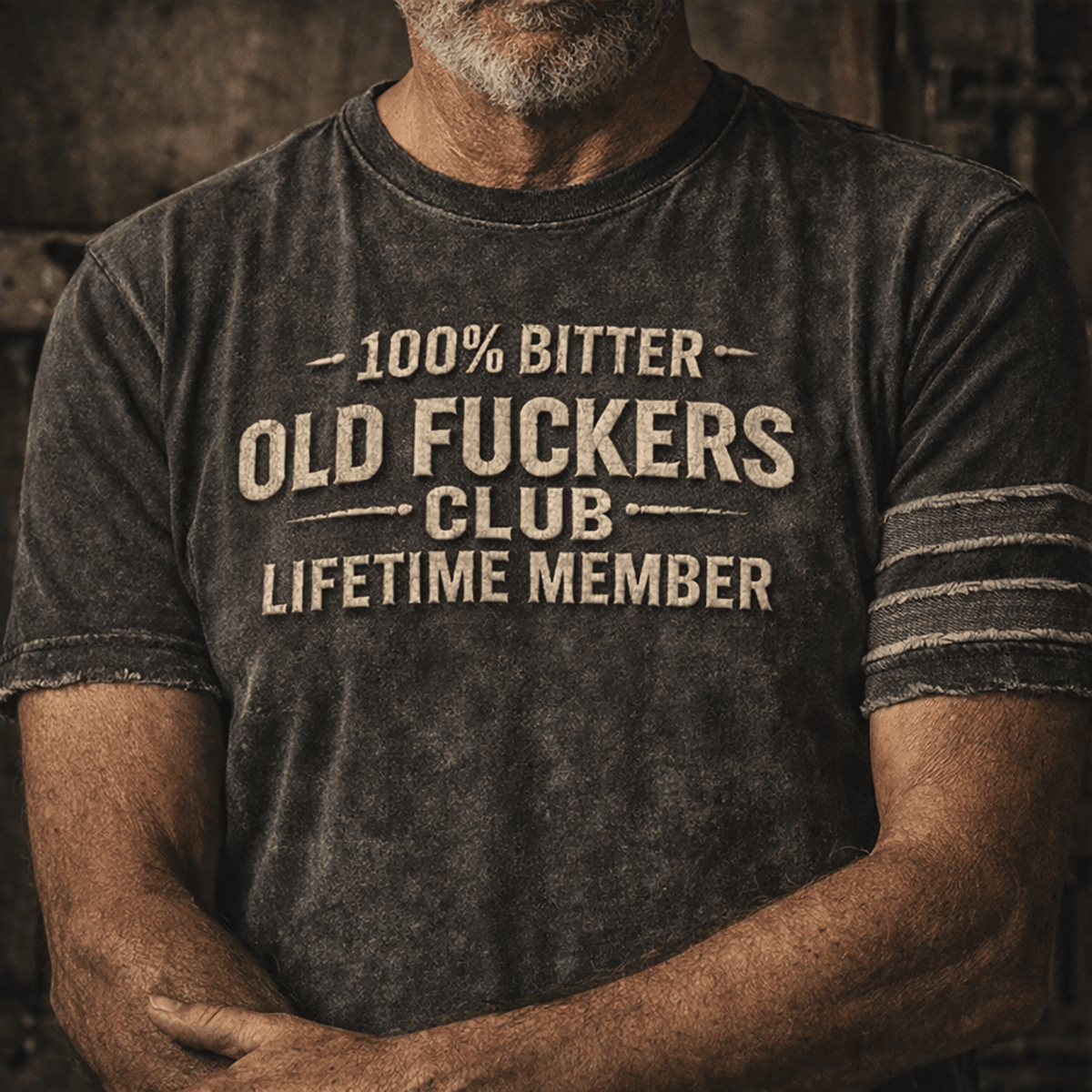 100% Bitter Old Fckers Club T Shirt, Lifetime Member Distressed Look Printed Graphic Tee, Funny Old Man Birthday Gift, Vintage Style Print Shirt for Dad Grandpa