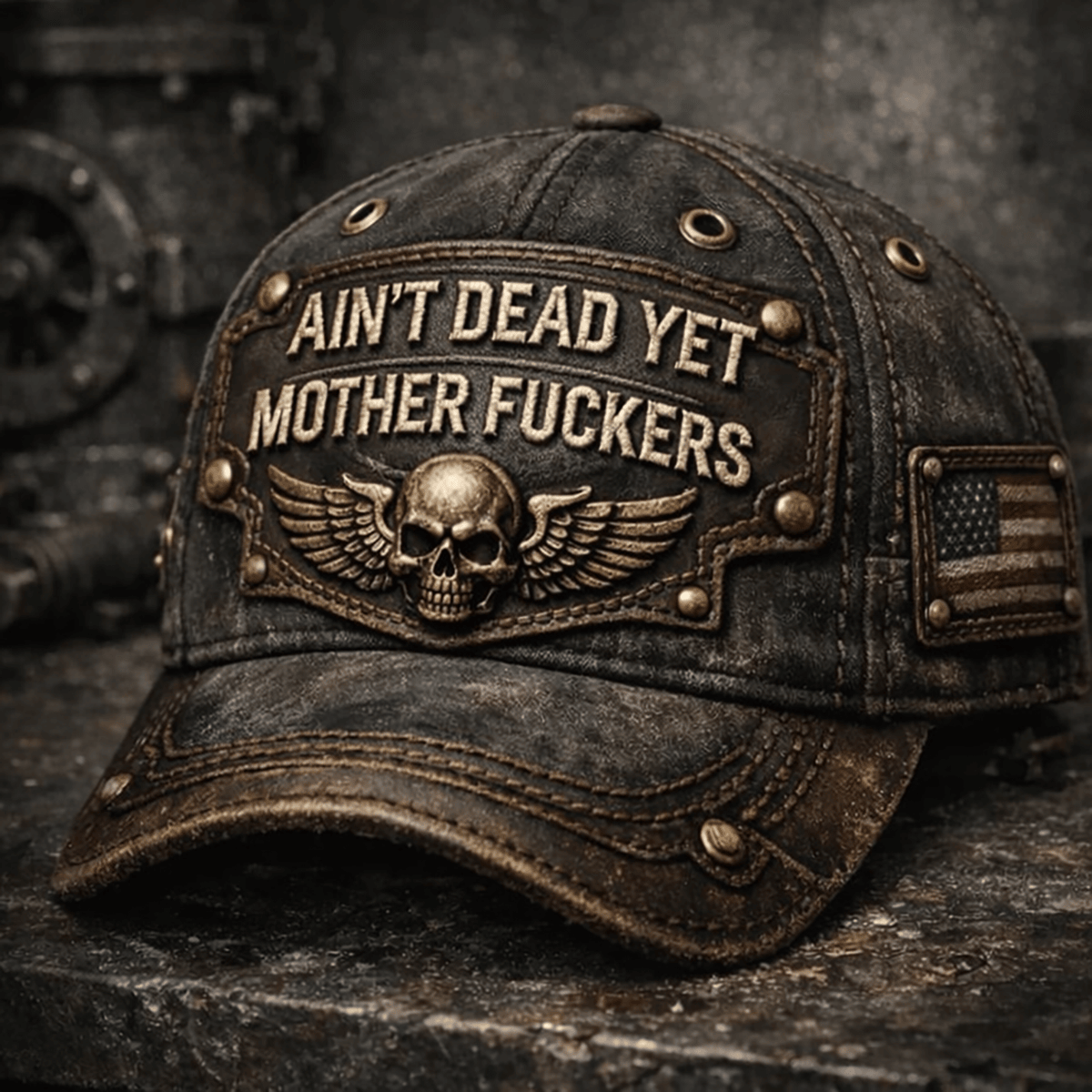 Ain’t Dead Yet Mother Fckers Printed Hat, Skull Biker Graphic Print Baseball Cap, Funny Old Man Gift, Vintage Style Printed Trucker Hat for Dad Grandpa
