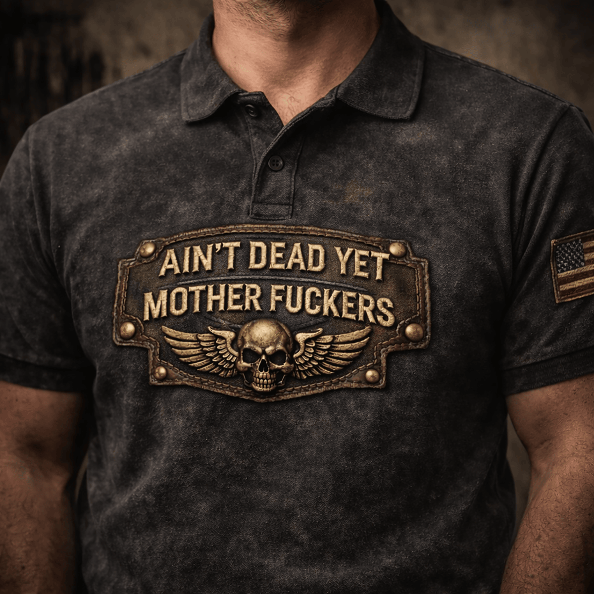 Ain’t Dead Yet Mother Fckers Printed Polo Shirt, Skull Biker Graphic Print Polo Tee, Funny Old Man Gift, Vintage Style Printed Shirt for Dad Husband