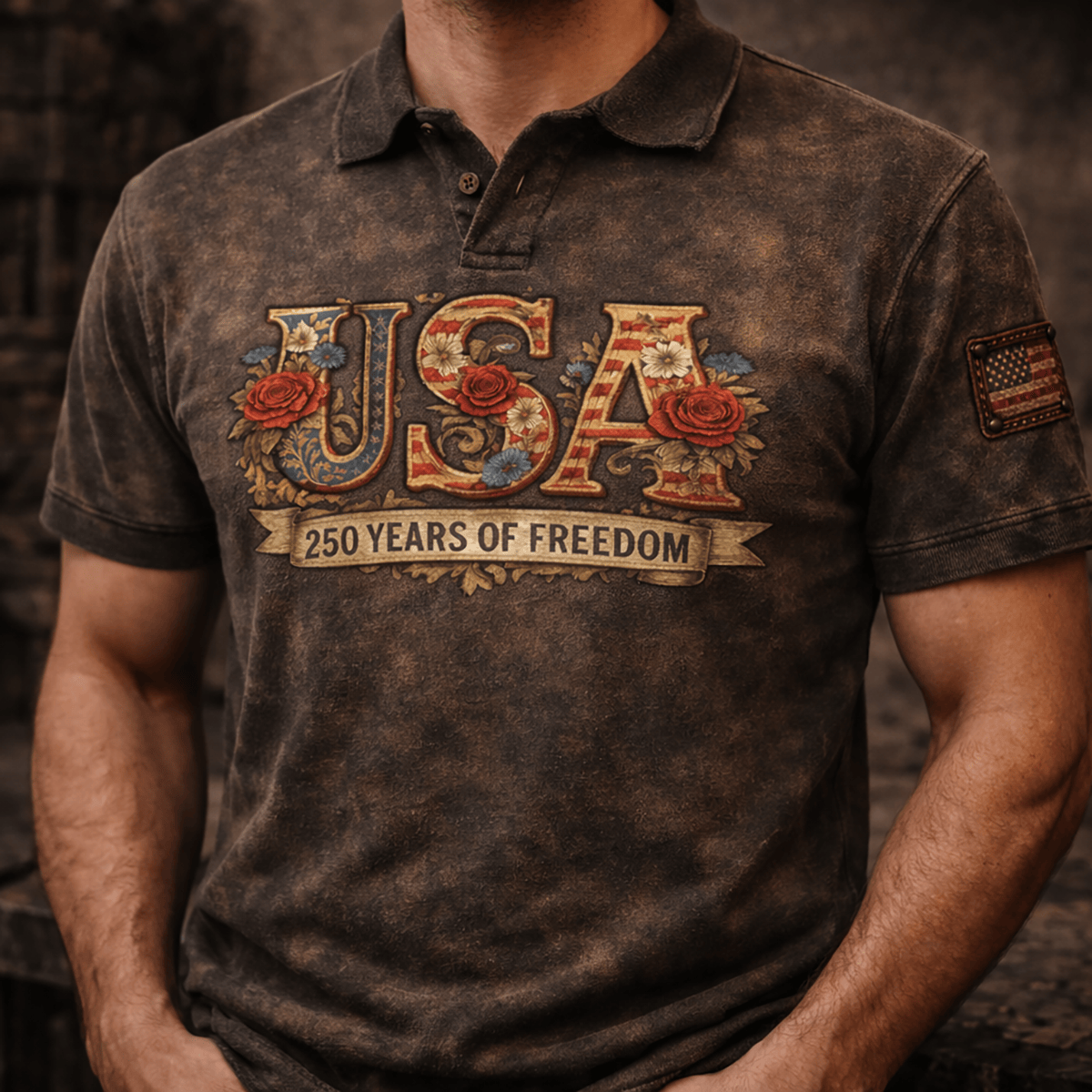 USA 250 Years of Freedom Printed Polo Shirt, Patriotic Floral USA Graphic Print Polo Tee, Vintage American Flag Print Shirt, 4th of July Gift for Him