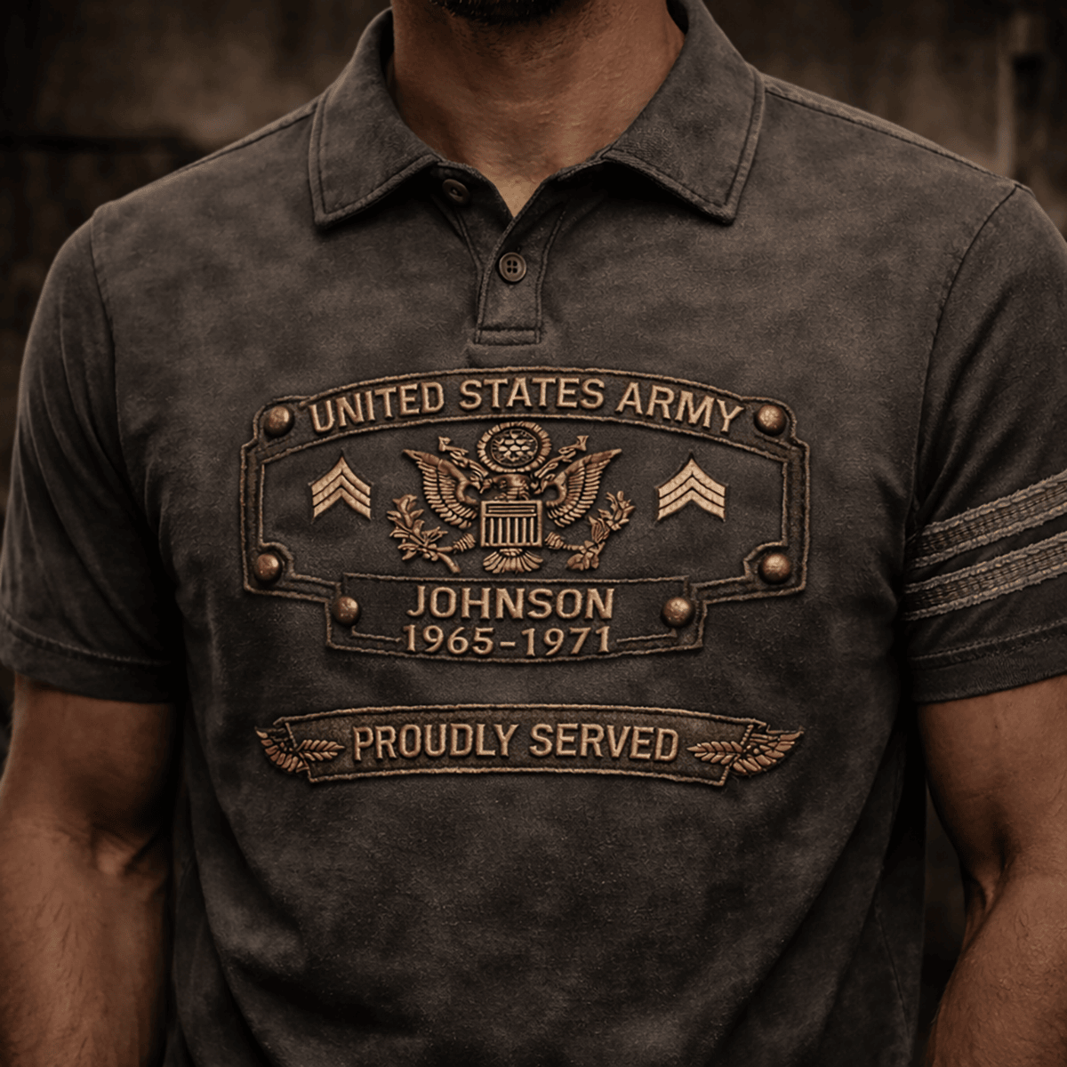 United States Veteran Printed Polo Shirt, Custom Name Service Years Print Polo Tee, Proudly Served Military Graphic Printed Shirt Gift for Veteran Men