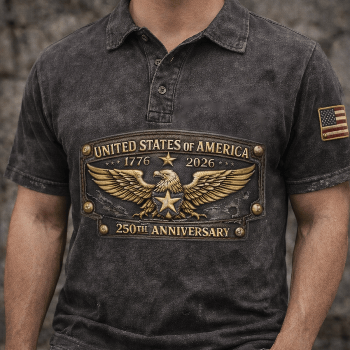 United States of America 250th Anniversary Printed Polo Shirt 1776-2026 Patriotic Eagle Patch Print Vintage American Flag Sleeve Golf Shirt Gift for Dad