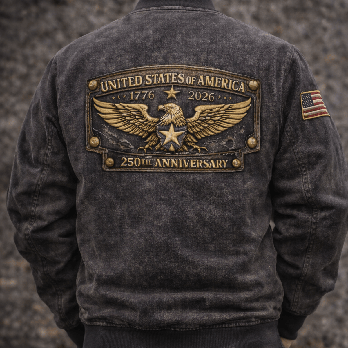 United States of America 250th Anniversary Printed Bomber Jacket 1776-2026 Patriotic Eagle Back Print Vintage USA Independence Day Coat Gift for Men Veteran