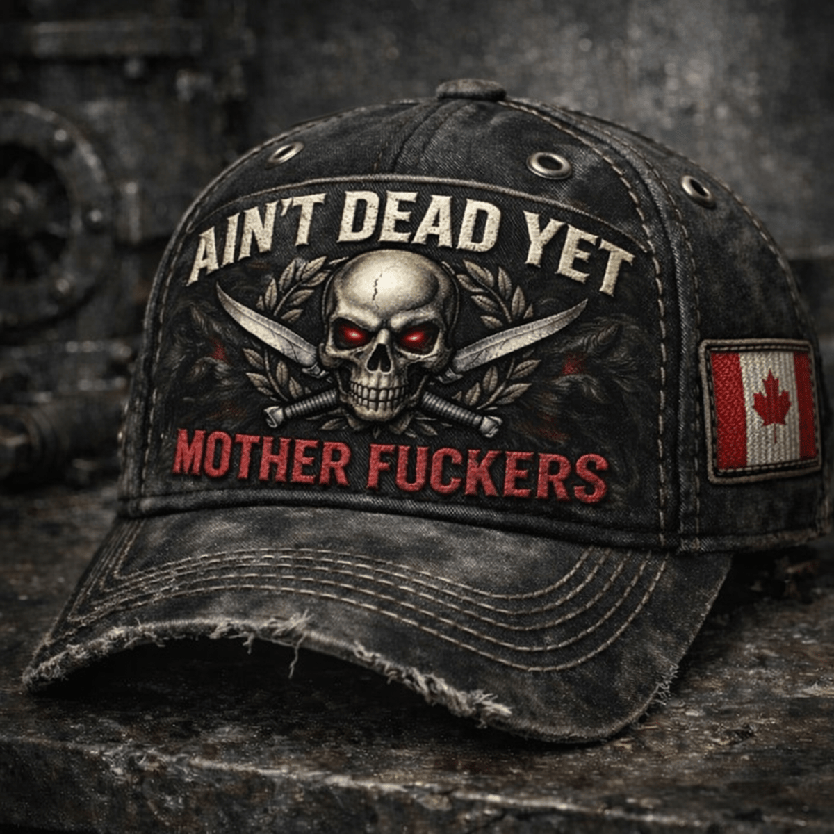 Ain’t Dead Yet Mother Fuckers Printed Distressed Cap Skull Graphic Vintage Ripped Print Canada Flag Patch Biker Trucker Hat Funny Gift for Him