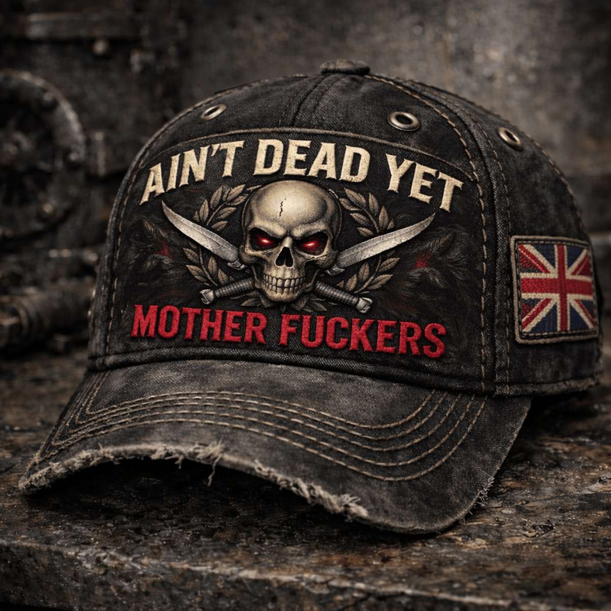 Ain’t Dead Yet Mother Fuckers Printed Distressed Cap Skull Biker Hat Vintage Ripped Print UK Flag Patch Badass Funny Gift for Dad Husband