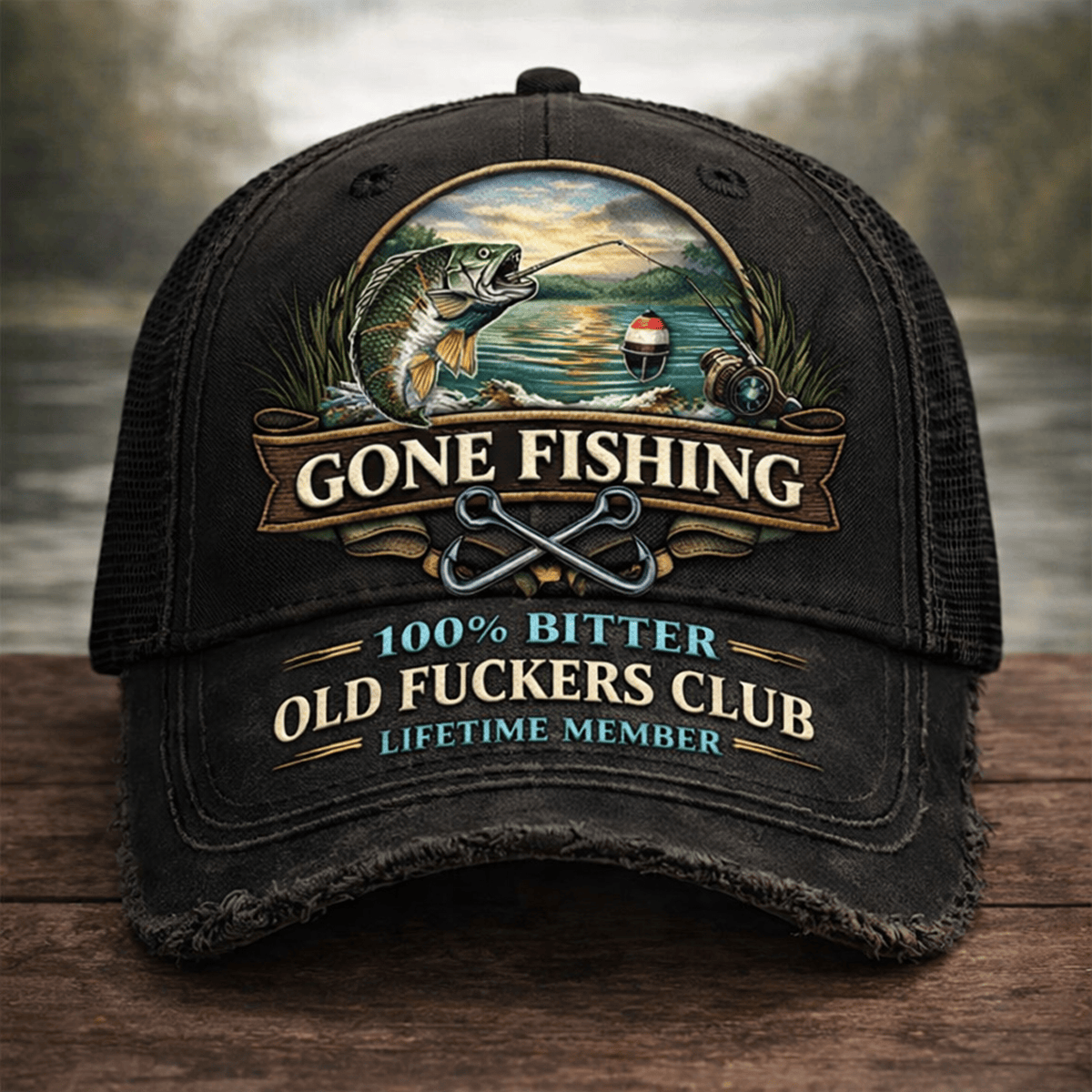 Gone Fishing Printed Distressed Trucker Cap 100% Bitter Old Fuckers Club Lifetime Member Vintage Print Funny Fisherman Hat Retirement Gift for Grandpa Dad