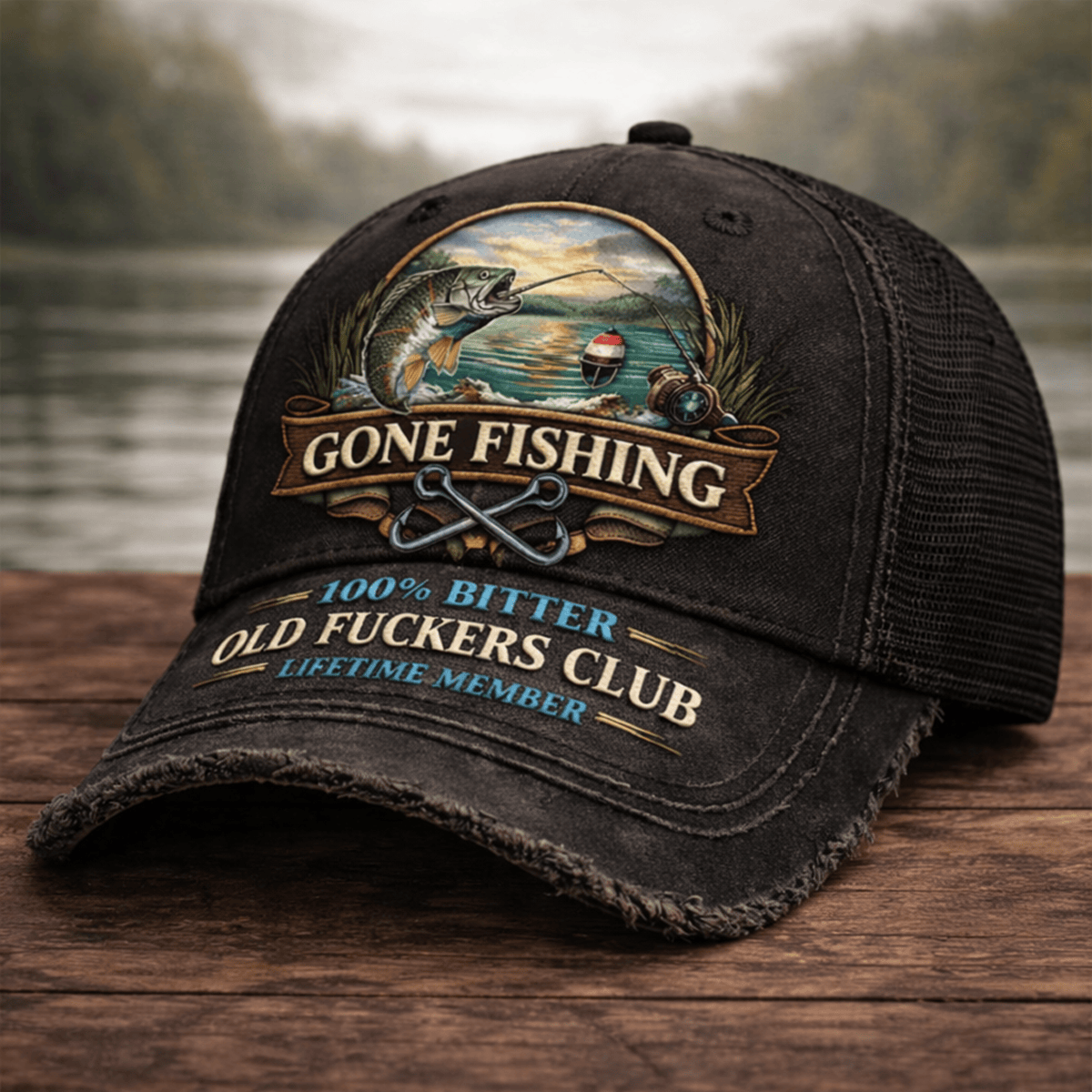 Gone Fishing Printed Distressed Trucker Cap 100% Bitter Old Fuckers Club Lifetime Member Vintage Print Funny Fisherman Hat Retirement Gift for Grandpa Dad