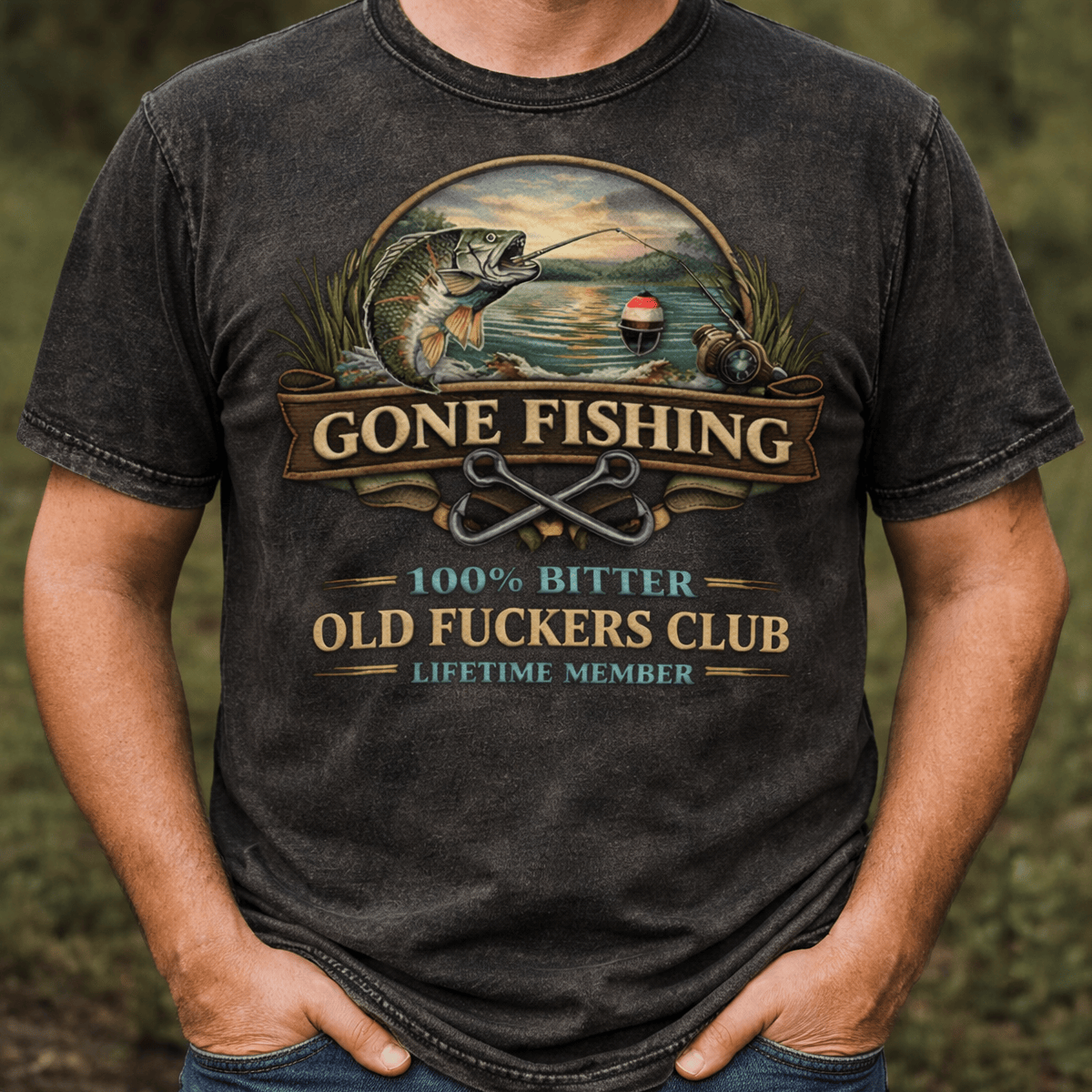 Gone Fishing Printed T Shirt 100% Bitter Old Fuckers Club Lifetime Member Vintage Fishing Print Funny Retirement Gift for Dad Grandpa Husband