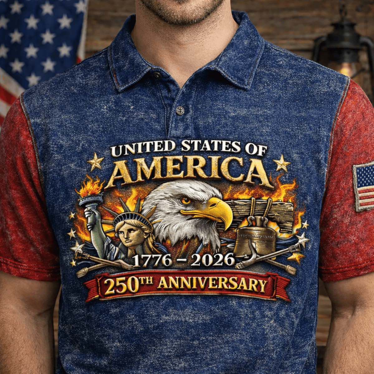 USA 250th Anniversary 1776–2026 Printed Polo Shirt, Patriotic Eagle Liberty Bell Collared Shirt, America 250 Years Gift