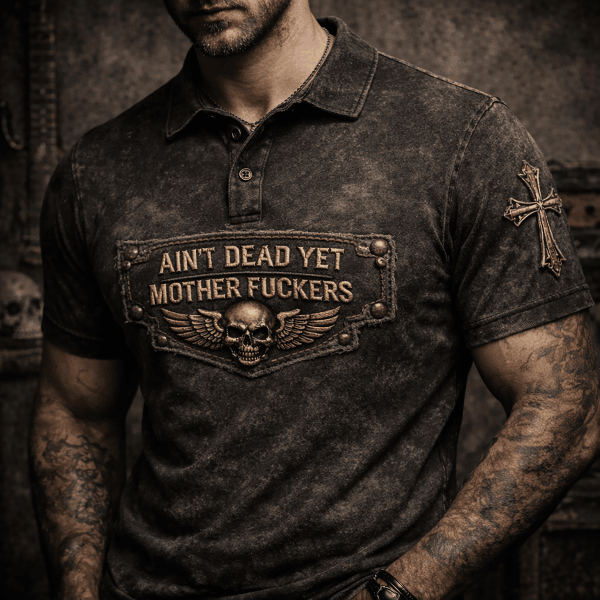 Aint Dead Yet Printed Skull Polo Shirt, Gothic Biker Collared Shirt, Vintage Rock Style Top, Motorcycle Gift for Him