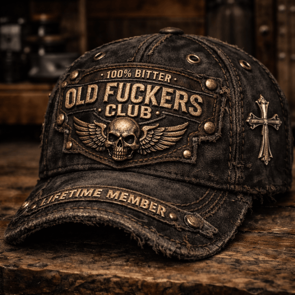 Old Fckers Club 100% Bitter Printed Skull Cap, Vintage Distressed Printed Biker Hat, Gothic Rock Trucker, Funny Birthday Gift