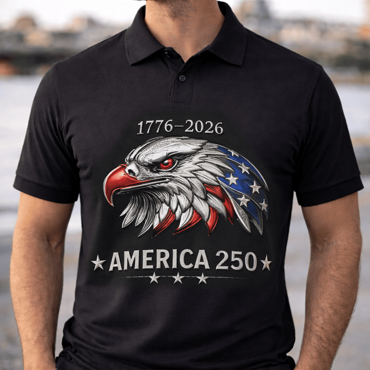 America 250 1776–2026 Printed Polo Shirt, Patriotic Eagle USA 250th Anniversary Collared Tee, 4th of July Gift