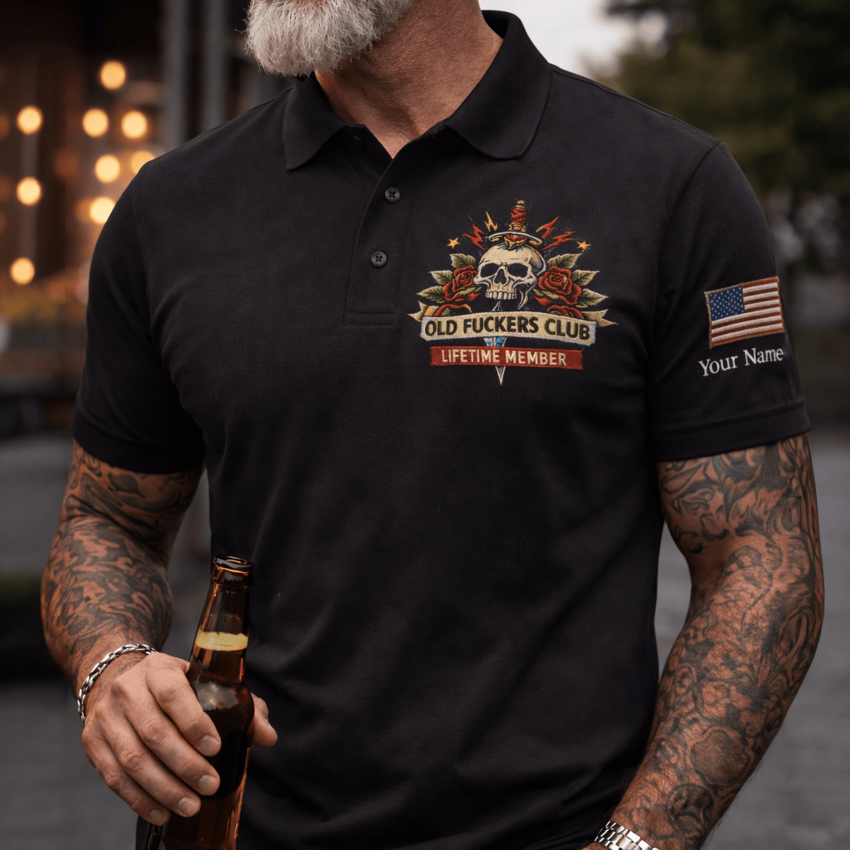 Custom Name Old Fuckers Club Lifetime Member Printed Polo Shirt, Skull Rose Graphic Collared Tee, Custom Flag Sleeve