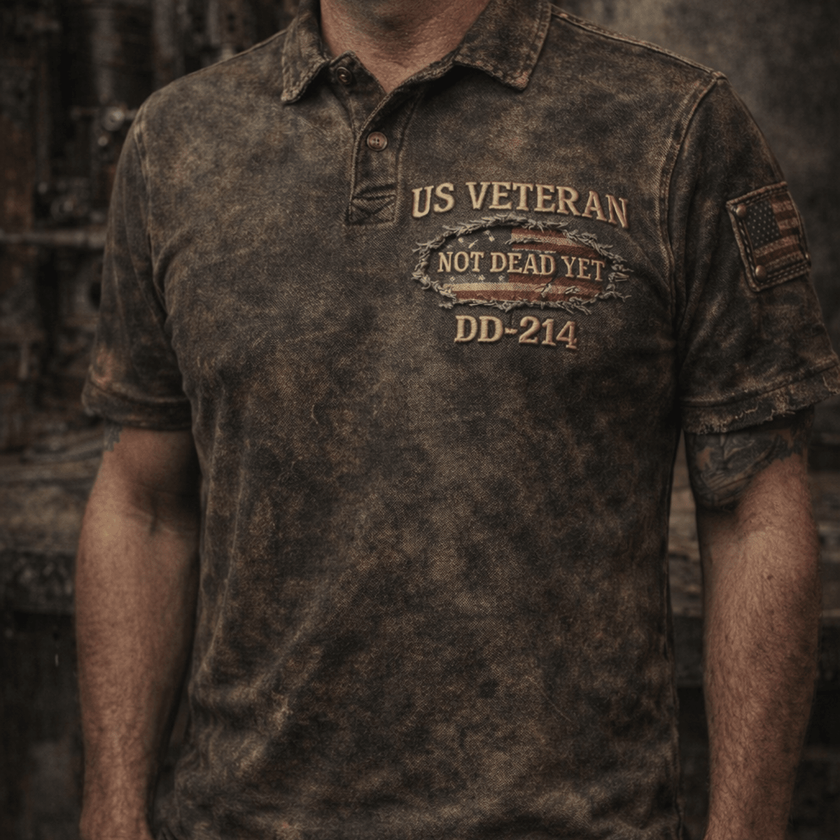 US Veteran Not Dead Yet DD214 Printed Polo Shirt, Distressed Printed American Flag Military Shirt, Patriotic Gift for US Veteran