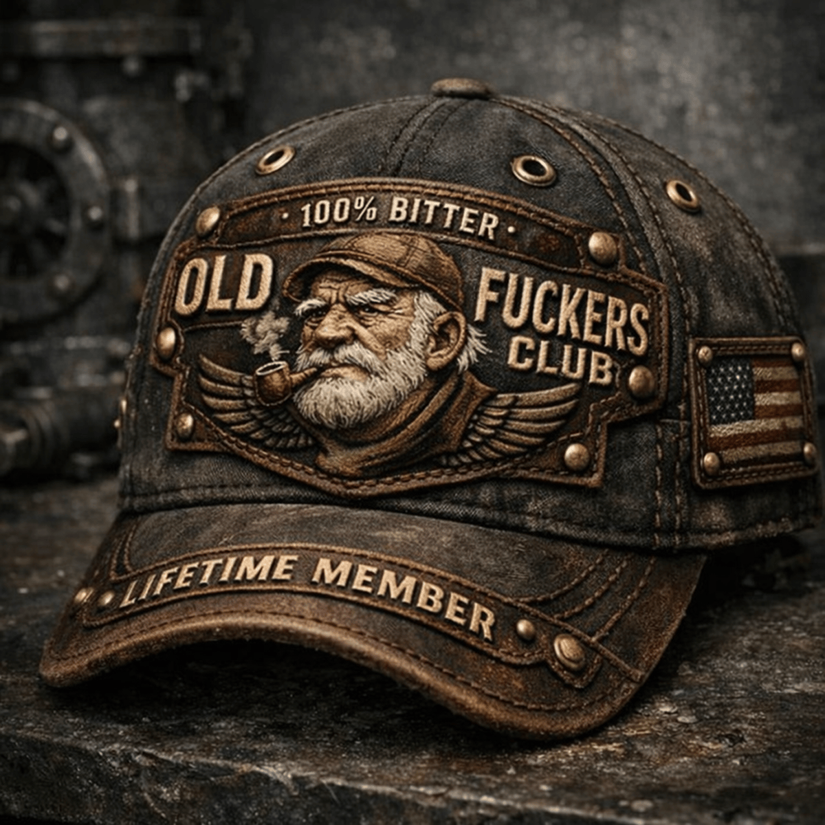 100% Bitter Old Fuckers Club Printed Cap, Lifetime Member Vintage Biker Hat, Bearded Old Man Pipe Graphic Gift for Dad