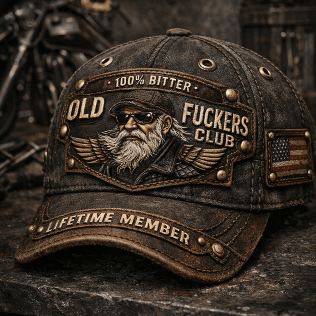 100% Bitter Old Fuckers Club Printed Cap, Lifetime Member Biker Hat, Bearded Man Sunglasses Graphic Funny Gift