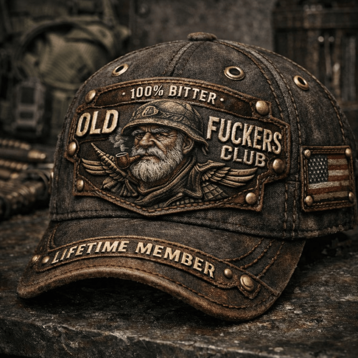 100% Bitter Old Fuckers Club Printed Cap, Lifetime Member Vintage Military Biker Hat, Bearded Soldier Graphic Gift