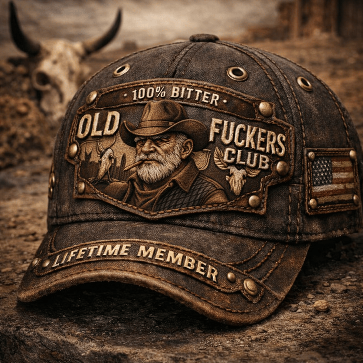 100% Bitter Old Fuckers Club Printed Cap, Lifetime Member Western Cowboy Biker Hat, Rustic Old Man Graphic Gift
