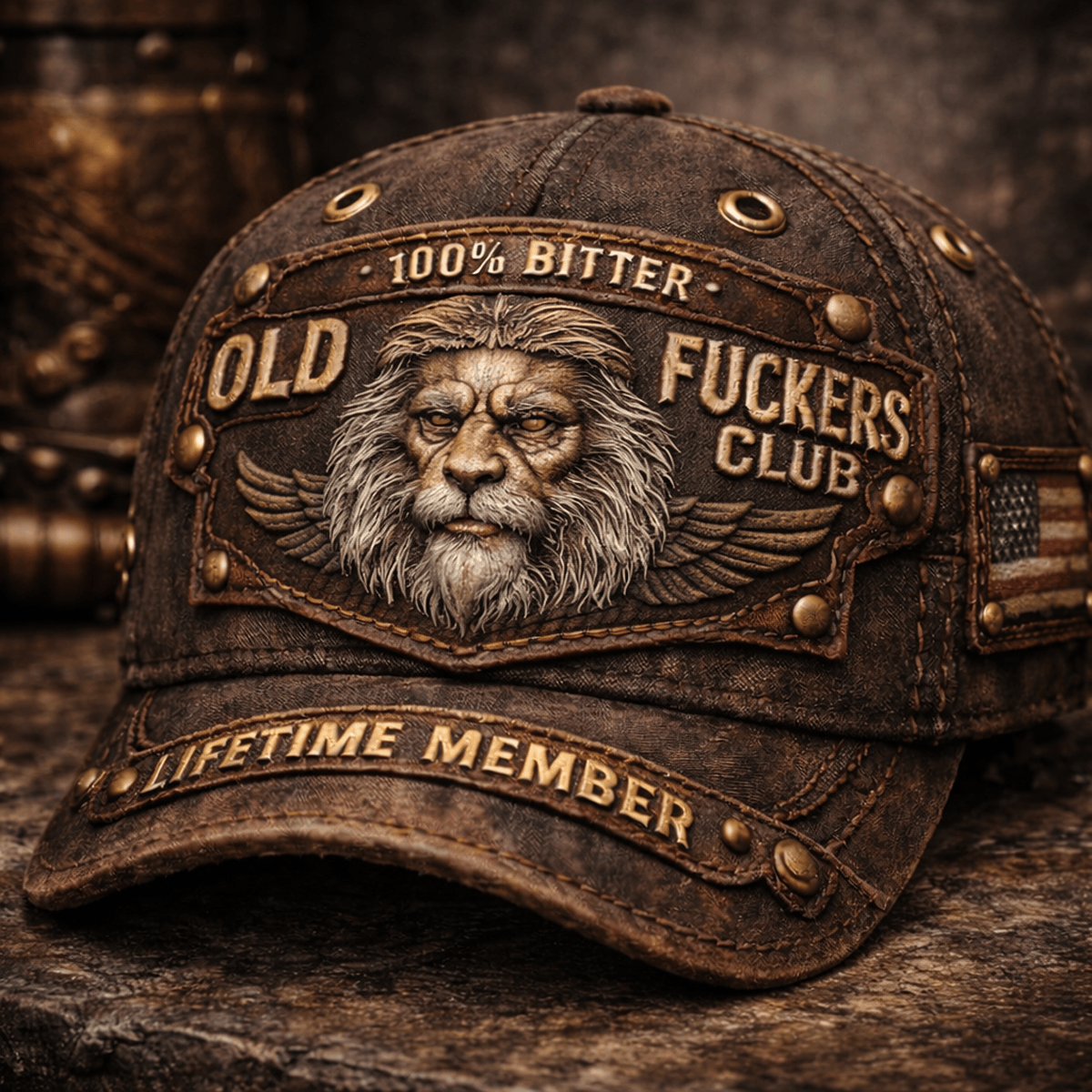 100% Bitter Old Fuckers Club Printed Cap, Lifetime Member Lion Head Biker Hat, Bold Masculine Graphic Funny Gift