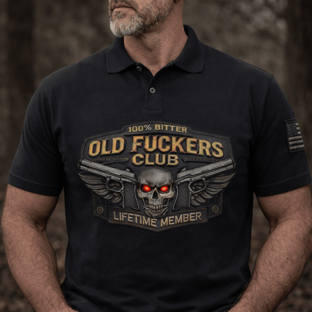Old Fuckers Club Lifetime Member Polo Shirt Skull Red Eyes Dual Pistols Gift For Men Dad Husband Printed Shirt For Lover