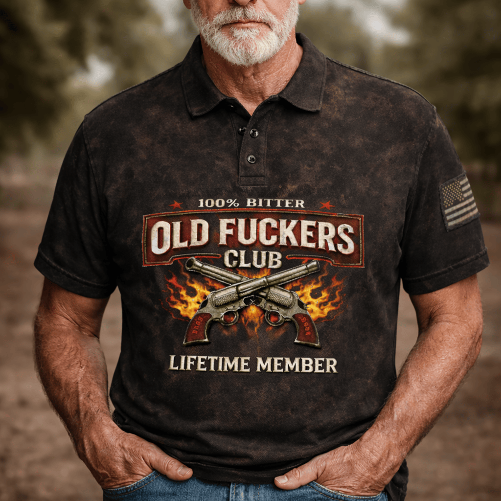 Printed Old Fuckers Club Polo Shirt, 100% Bitter Lifetime Member Polo, Vintage Biker Style, Funny Gift for Men