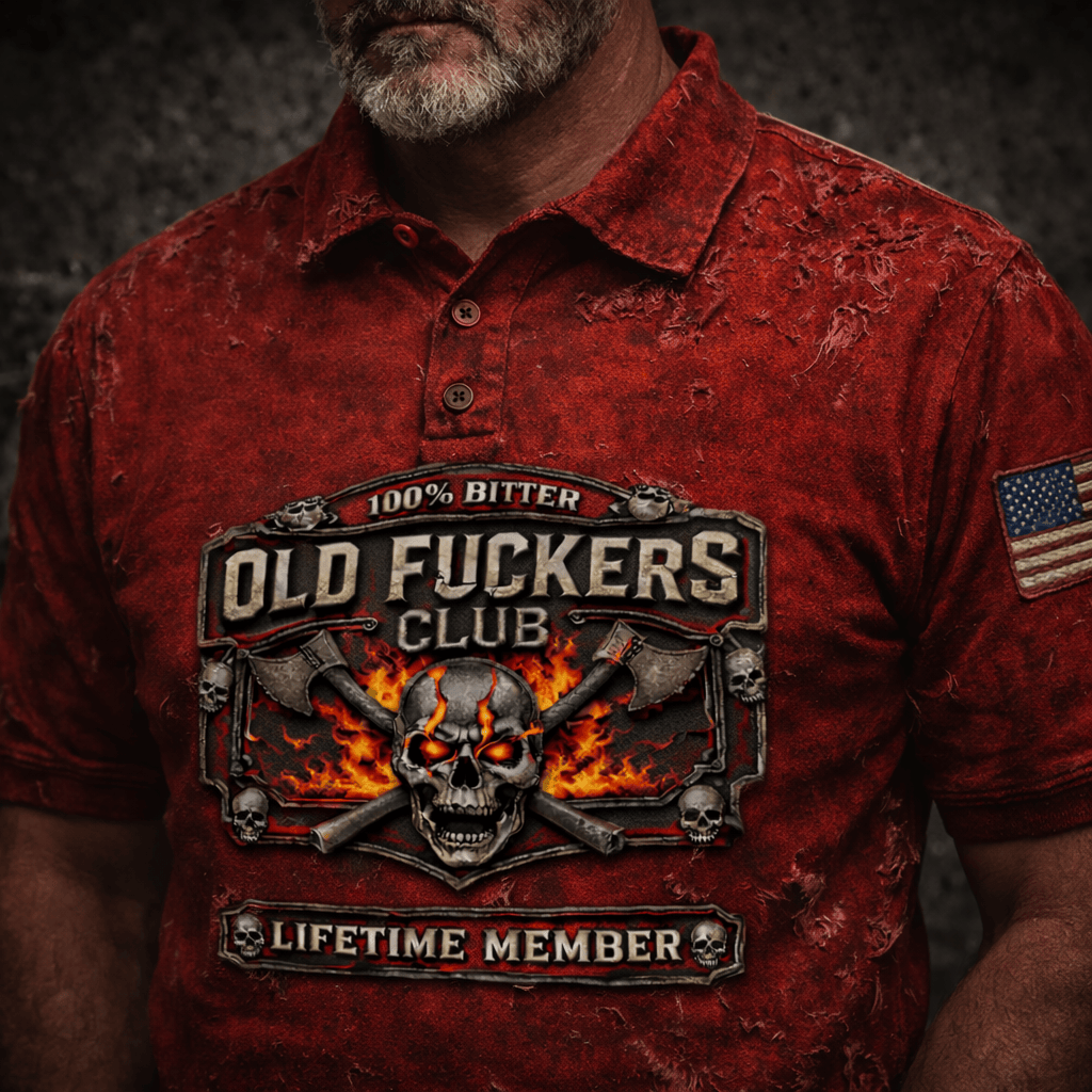 Printed Old Fuckers Club Red Polo Shirt, 100% Bitter Lifetime Member Polo, Skull Biker Style, Gift for Men