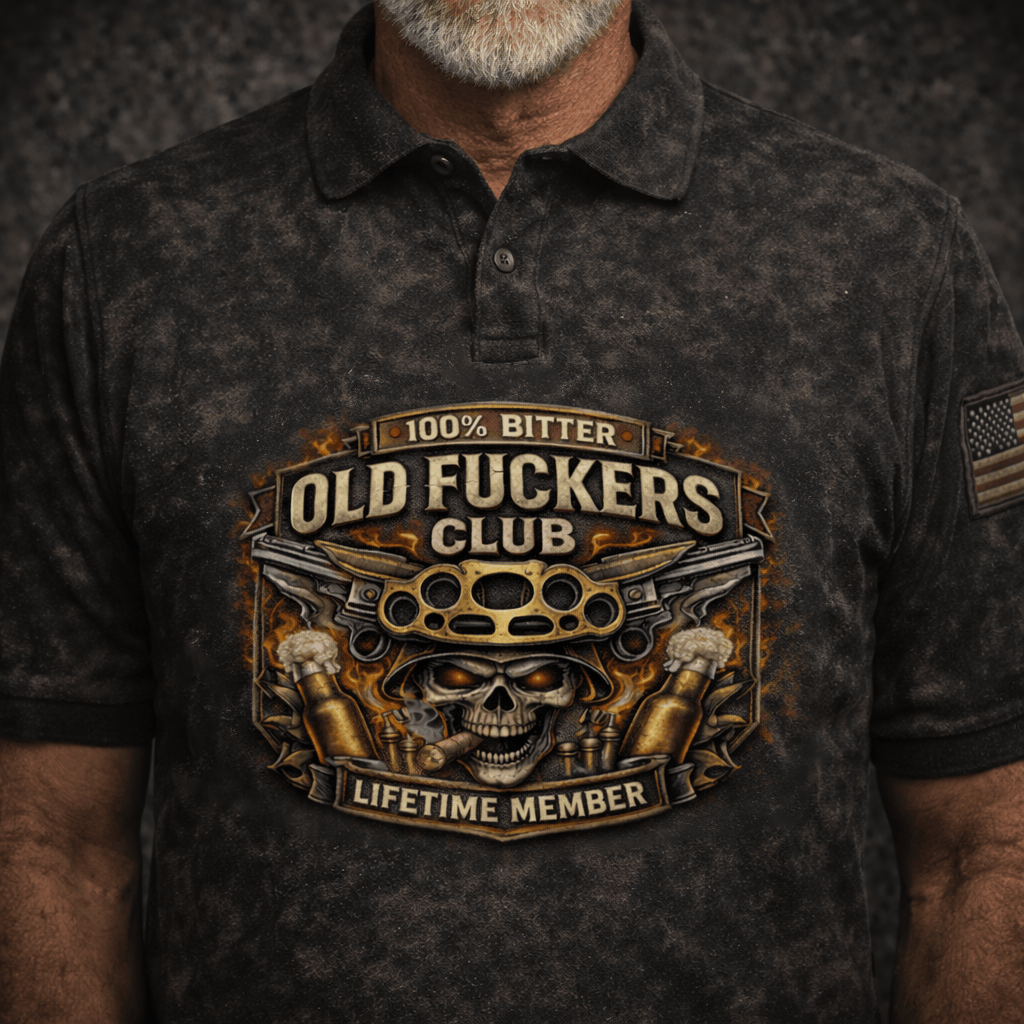 Printed Old Fuckers Club Polo Shirt, 100% Bitter Lifetime Member Skull Polo, Funny Biker Gift For Men Husband
