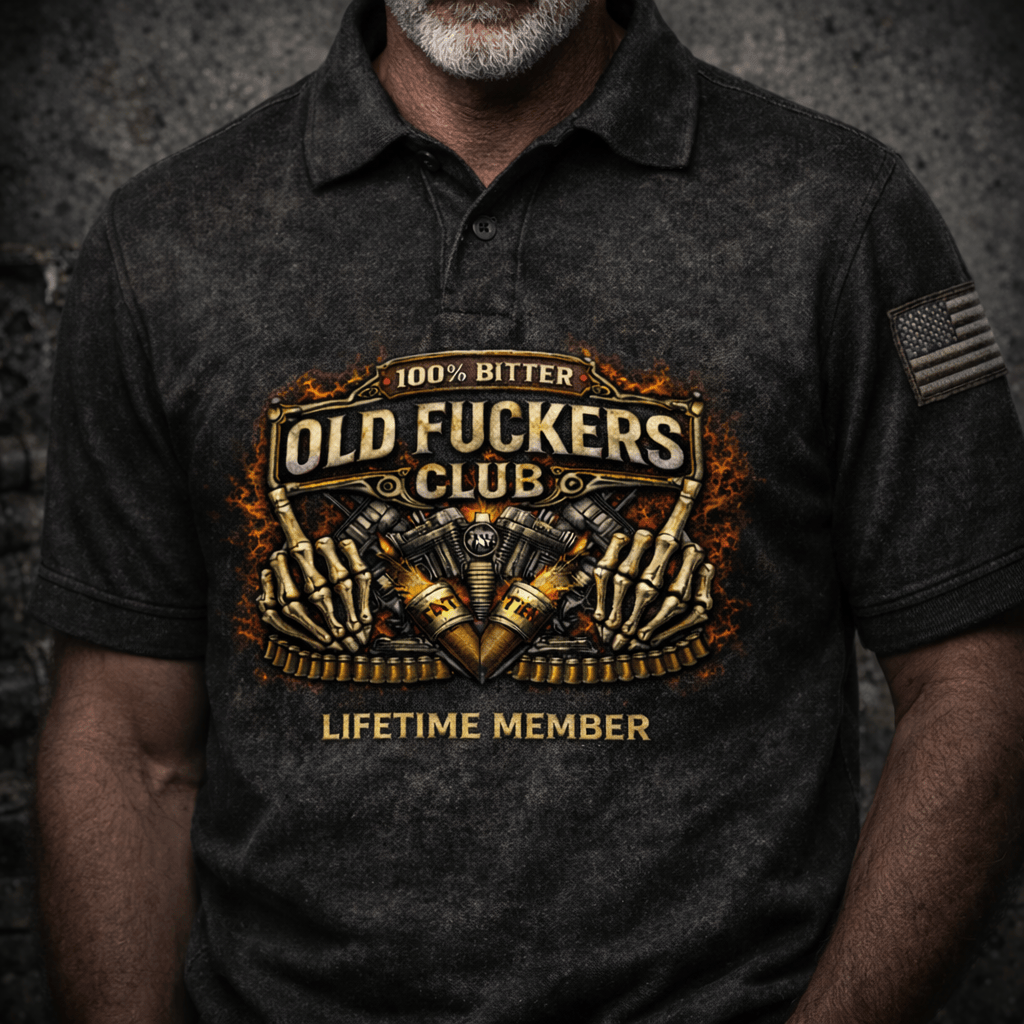 Printed Old Fuckers Club Polo Shirt, Lifetime Member Funny Skull Polo, Biker Veteran Polo Shirt Gift for Men