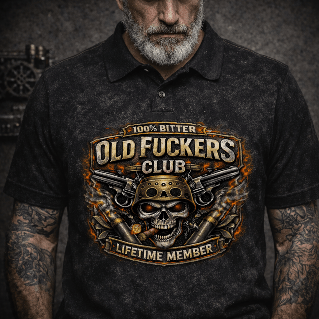 Printed Old Fuckers Club Polo Shirt, Funny Old Man Polo, Vintage Skull Biker Shirt, Motorcycle Dad Gift, Men Retro Polo