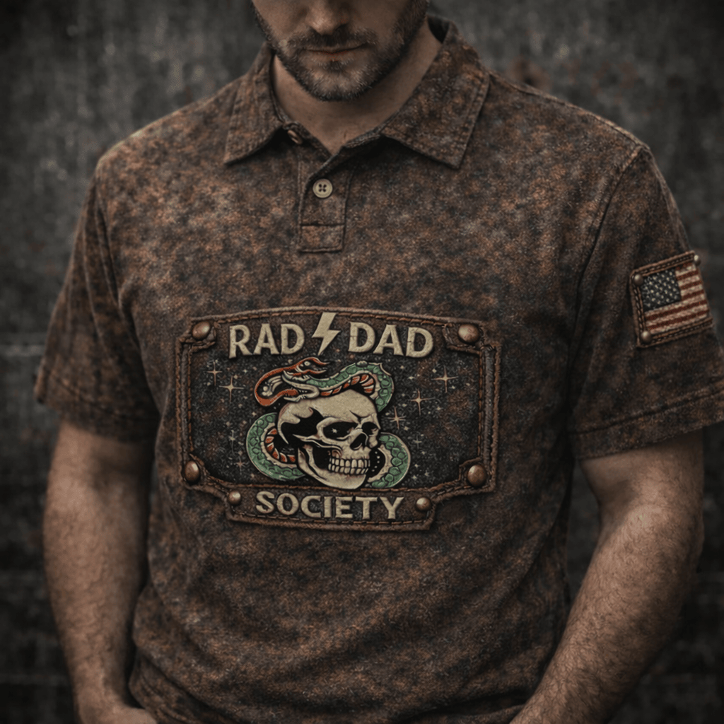 Rad Dad Society Skull & Snake Printed Vintage Polo Shirt, Retro Lightning Graphic USA Flag Dad Polo