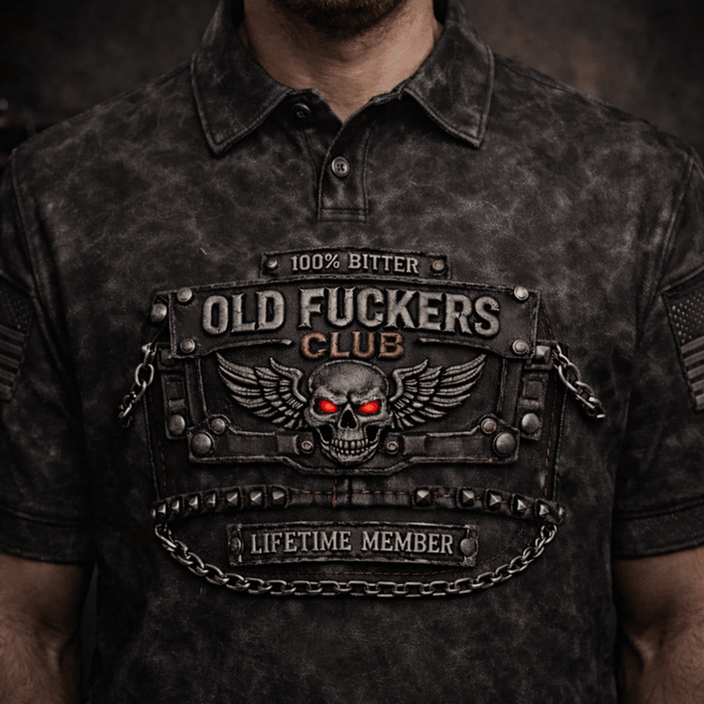 Old Fckers Club Skull Polo Shirt, 100% Bitter Lifetime Member Biker Shirt, Funny Old Man Gift, Motorcycle Graphic Print Polo