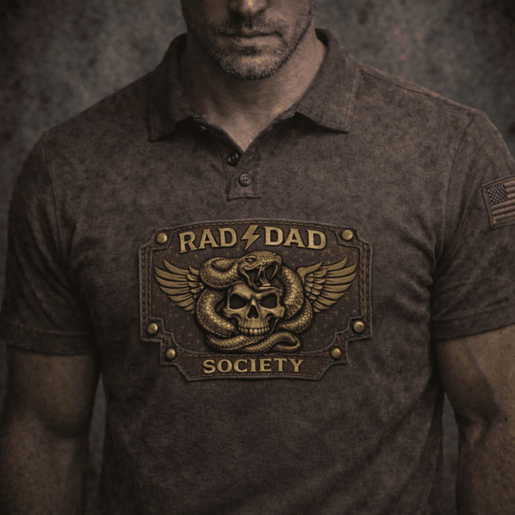 Rad Dad Society Printed Polo Shirt, Skull Snake Vintage Biker Style for Dad, Father’s Day Gift, Distressed Graphic Design