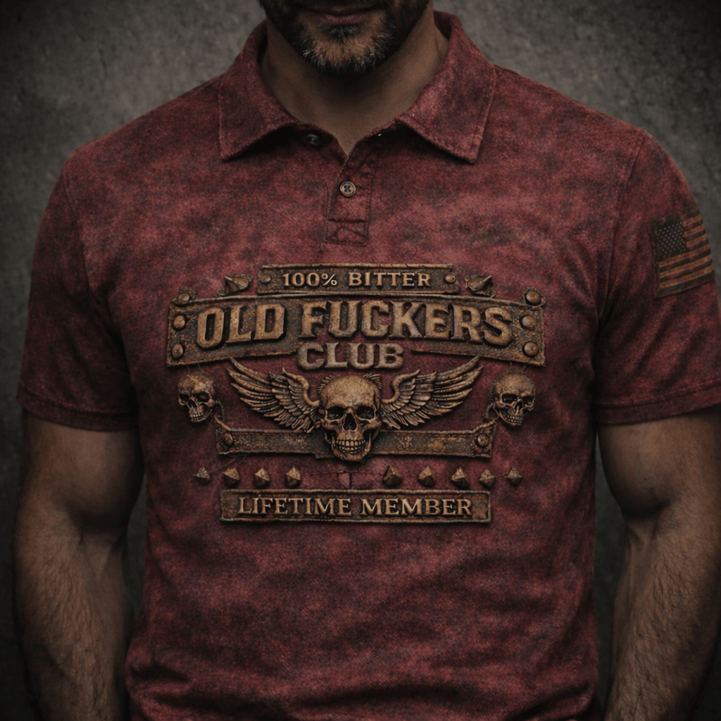 Old Fuckers Club Printed Polo Shirt, 100% Bitter Skull Graphic Print Top, Funny Biker Gift for Men, Lifetime Member