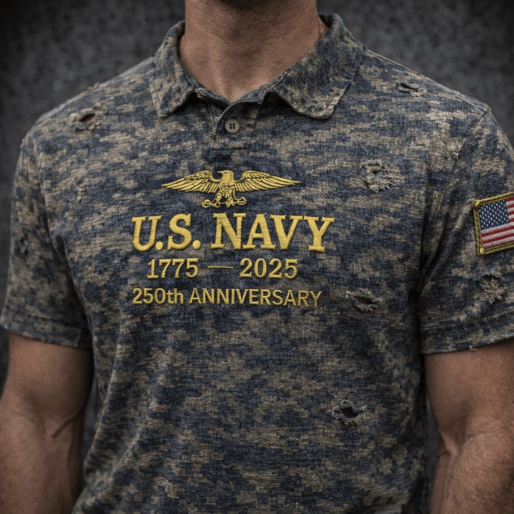 U.S. Navy 250th Anniversary 1775-2025 Printed Polo Shirt - Military Camo Graphic Top - Veteran Gift for Him