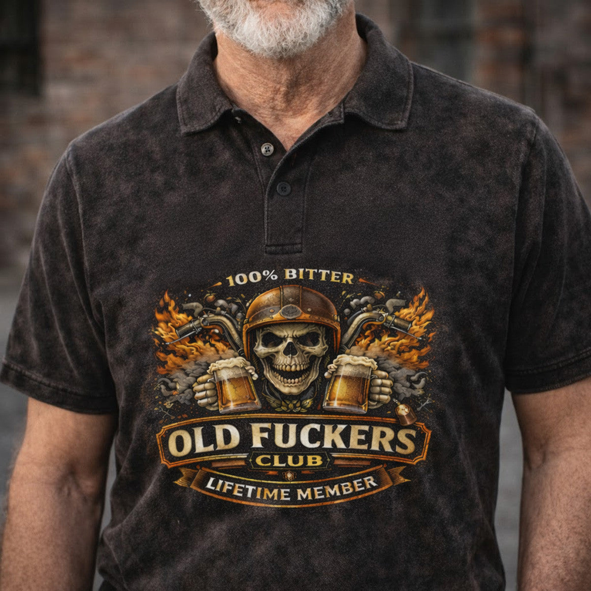 Printed Old Fuckers Club Polo Shirt, Flaming Skull Biker Beer Design, 100% Bitter Lifetime Member Funny Old Man Polo