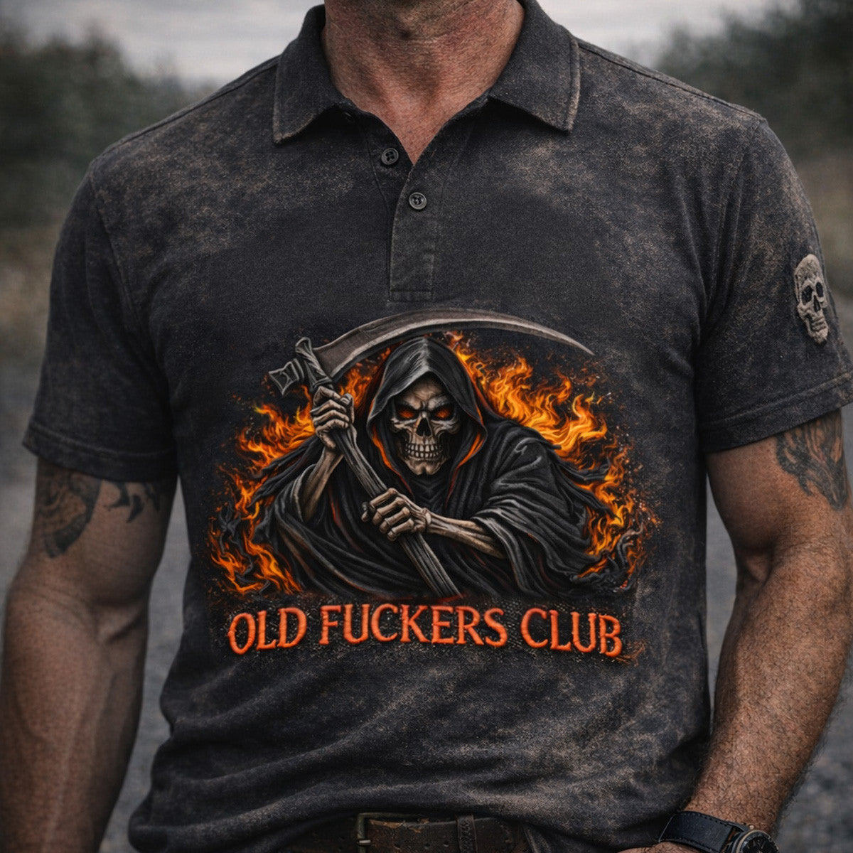 Printed Old Fuckers Club Polo Shirt, Grim Reaper Skull with Scythe and Fire, Vintage Wash Dark Gothic Polo