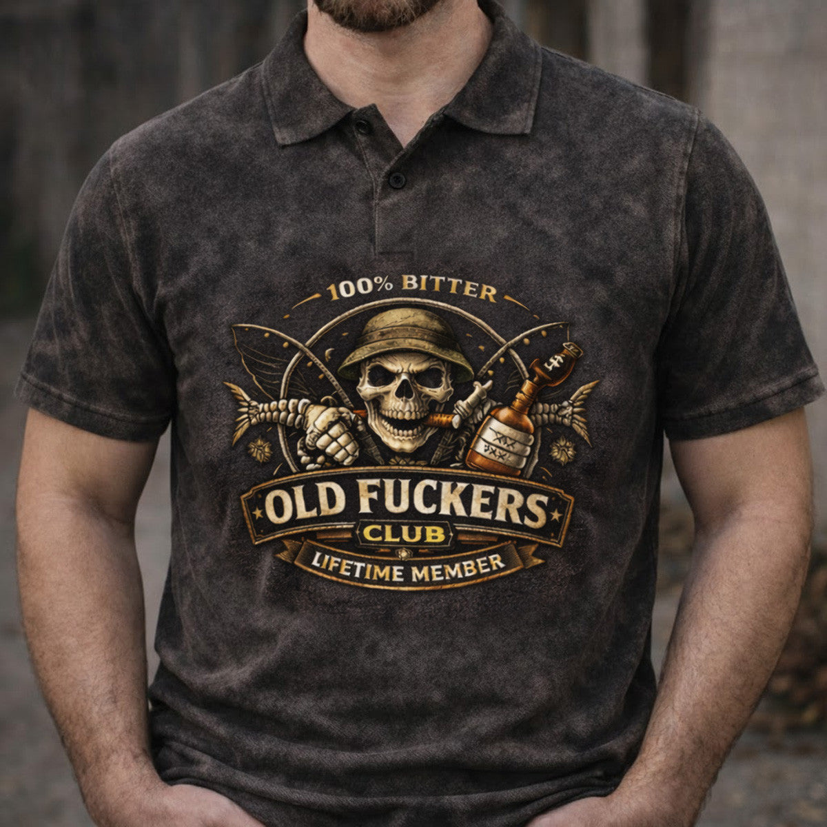 Old Fuckers Club Polo Shirt, Skull Whiskey Veteran Design, 100% Bitter Lifetime Member Polo, Vintage Men Gift