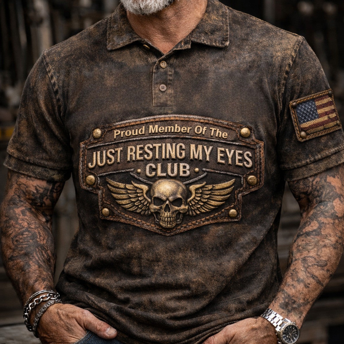 Just Resting My Eyes Club Skull Graphic Polo Shirt Vintage Motorcycle Style Funny Gift for Him