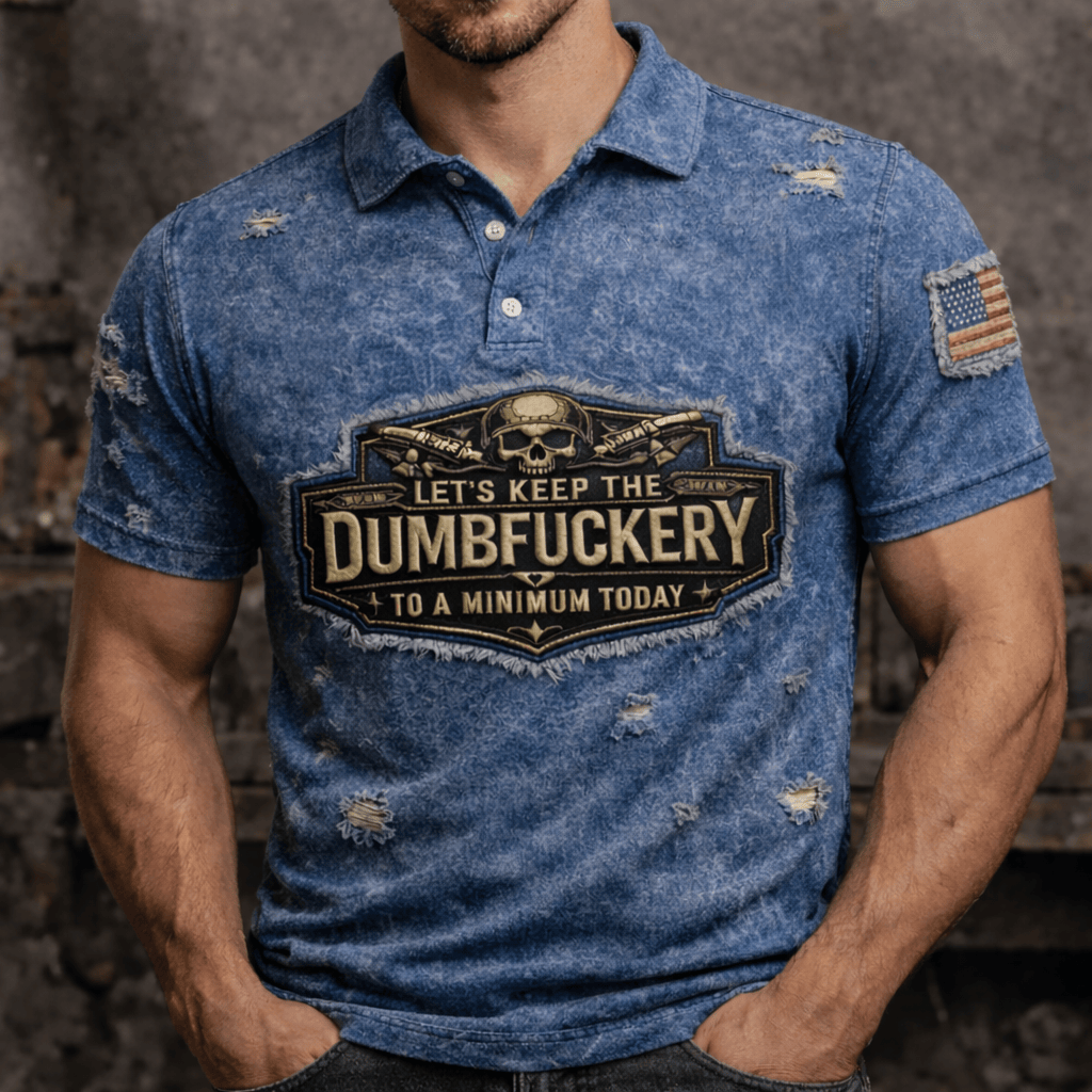 Printed Vintage Polo Shirt Funny Quote Let’s Keep the Dumbfuckery to a Minimum Today, Distressed Style Polo, Gift for Men