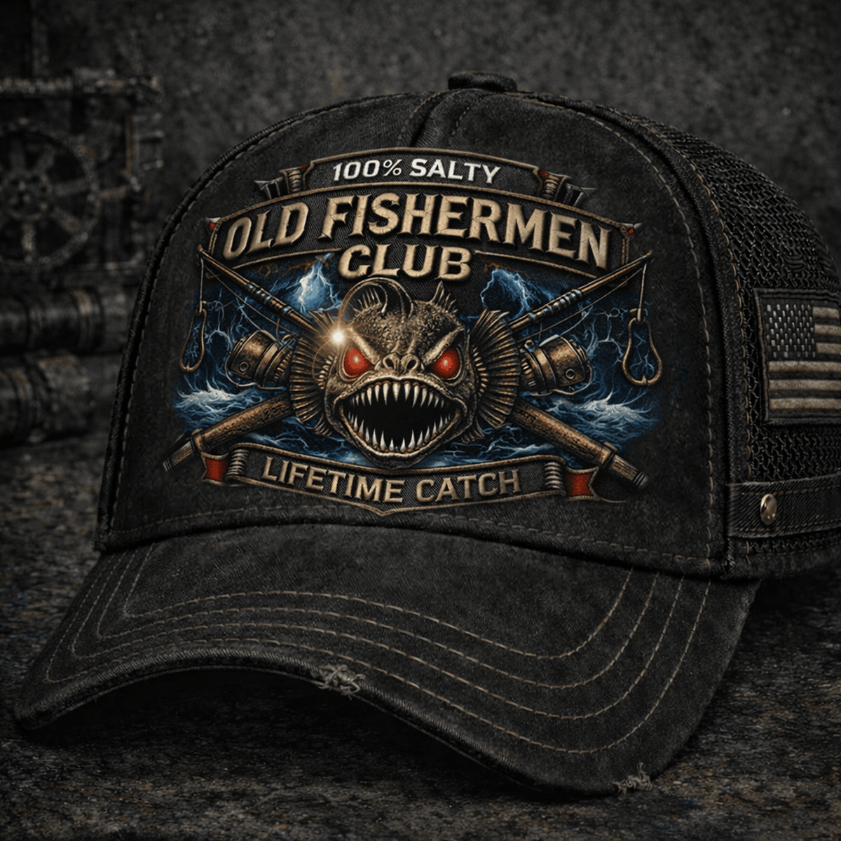 100% Salty Old Fisherman Club Printed Trucker Hat, Lifetime Catch Skull Fishing Cap For Men, Funny Angler Gift For Men Outdoor Lover