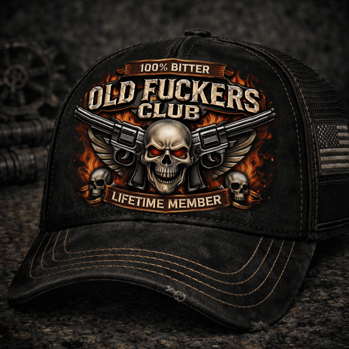 100% Bitter Old Fuckers Club Printed Trucker Hat, Lifetime Member Skull Flame Cap For Men, Funny Sarcastic Biker Gift For Dad Husband