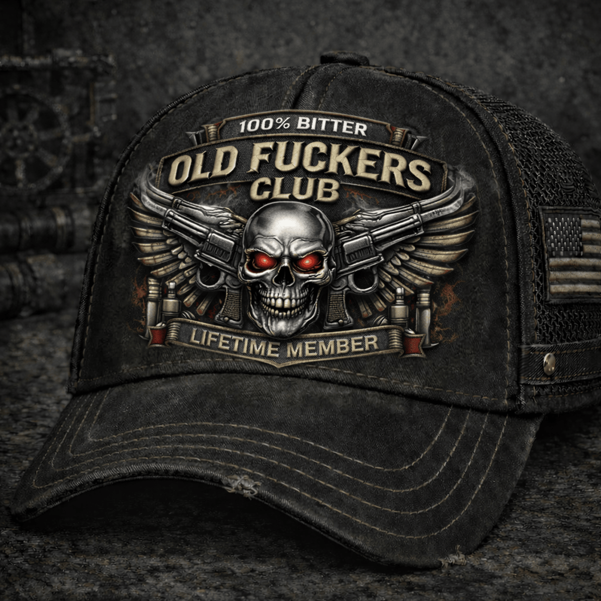100% Bitter Old Fuckers Club Printed Hat, Lifetime Member Skull Wing Cap For Men, Funny Biker Trucker Hat Gift For Him Bold Humor Style