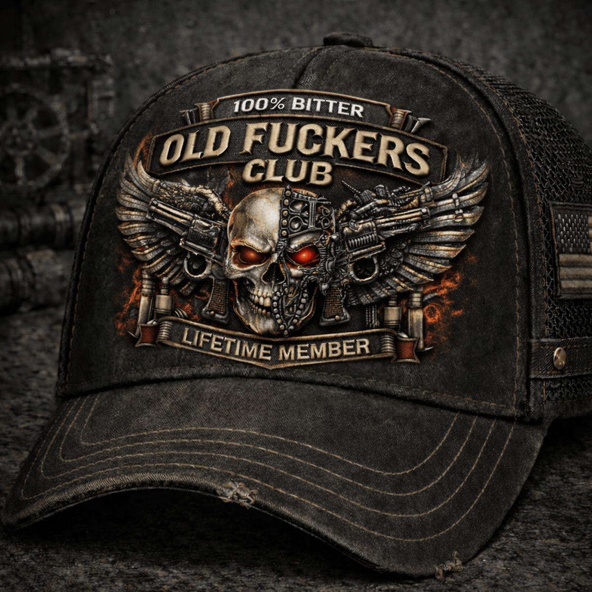 100% Bitter Old Fuckers Club Printed Trucker Hat, Lifetime Member Mechanical Skull Cap For Men, Edgy Biker Rocker Gift For Dad