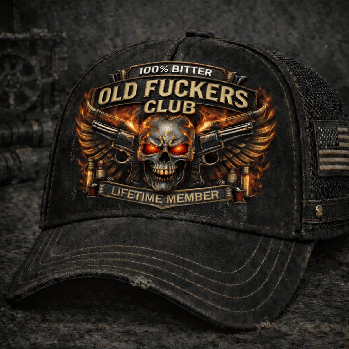 100% Bitter Old Fuckers Club Printed Cap, Lifetime Member Flame Skull Trucker Hat For Men, Funny Gag Gift For Husband Grandpa